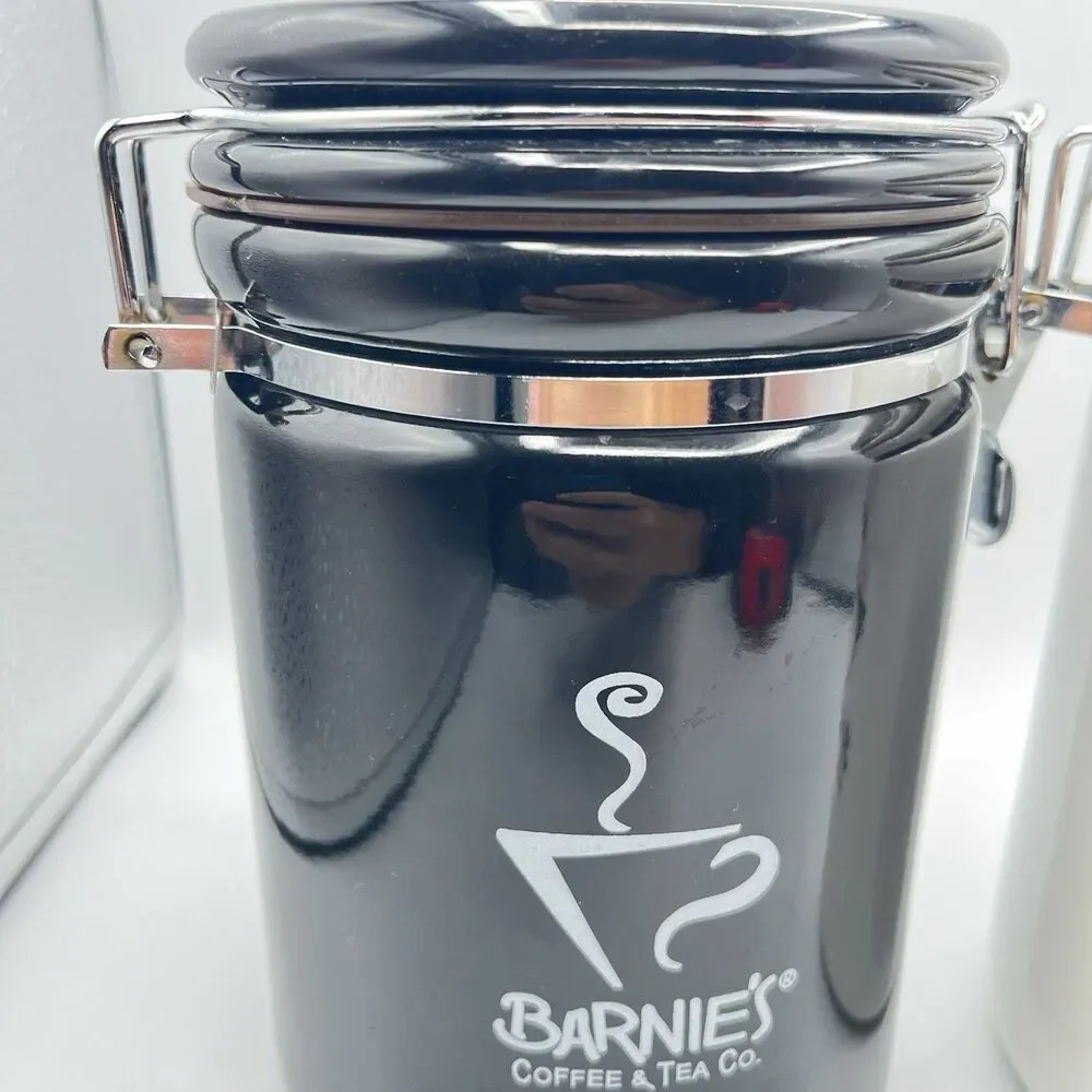 Barnie's Coffee & Tea Co. White Black Ceramic Canister Jar Set Of 2 - No Spoons